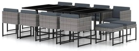 vidaXL 13 pcs conjunto jantar exterior com almofadões vime PE cinzento