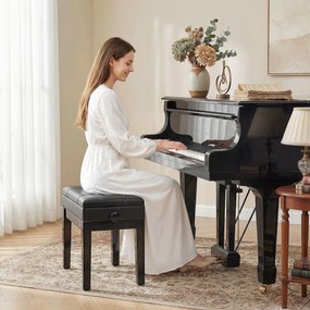 Banco com assento para piano, com baú integrado, altura ajustável, em madeira de seringueira, com assento revestido a material sintético preto