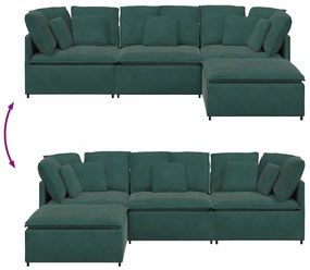 Sofá modular com pufes e almofadas veludo verde-escuro
