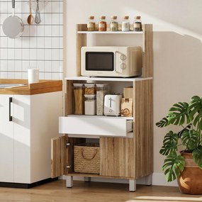 Móvel para micro-ondas 60 (L) x 40 (P) x 131 (A) cm, aparador de cozinha com gaveta, 2 portas com fecho suave, bancada e prateleiras abertas, cor carv
