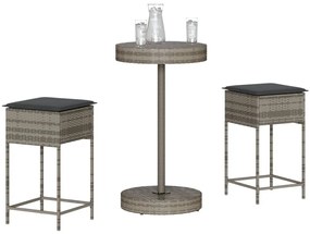 3 pcs conjunto de bar p/ jardim c/ almofadões vime PE cinzento