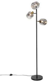 Candeeiro de pé preto com dourado e vidro fumê 3 luzes - Zuzanna