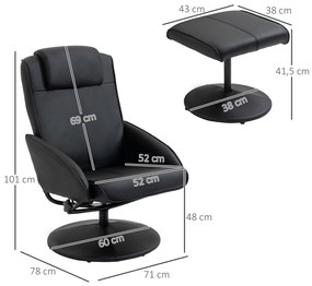 Poltrona Relax Reclinável até 145° com Banco de Apoio para os Pés Estofada em PU e Estrutura de Aço 78x67x98 cm Preto