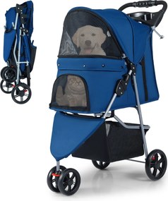 Carrinho dobrável para animais de estimação, leve, com capota ajustável, almofada lavável, cesto de armazenamento e porta-copos, 3 rodas, até 15 kg Az