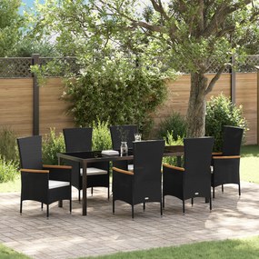 vidaXL Conjunto de Jantar de 7 Peças com Almofadas Preto Vime Poliéster