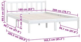 Estrutura de Cama Jane em Madeira de Pinho - 160x200 cm - Branco - Des