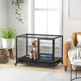 Gaiola para Cães com Parte Superior Rebatível Suporte de Tigelas Bandeja Amovível Rodas e Porta Dupla 109x72x79 cm Preto