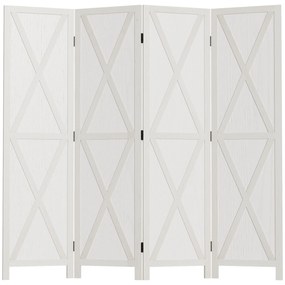 HOMCOM Biombo de 4 Paineis Separador de Ambientes Dobrável 182x170cm Divisória para Espaços de Madeira Decoração Elegante para Dormitório Sala de Estar Branco