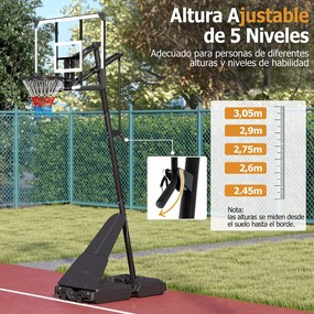 Cesto de Basquetebol Portátil, 107 x 68 x 15 cm, Altura Ajustável, Preto