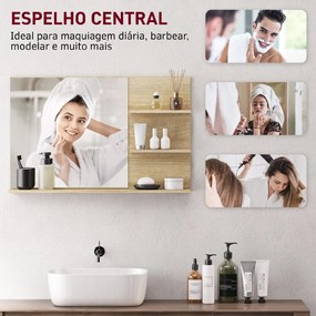 Espelho de Parede para Casa de Banho com 2 Prateleiras Laterais e Prateleira Inferior 75x10x48 cm Madeira Natural