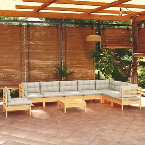 vidaXL 9 pcs conjunto lounge jardim c/ almofadões creme pinho maciço
