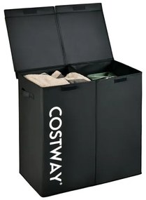 Cesto de roupa suja 105L com tampa de madeira e 2 seções - cinza