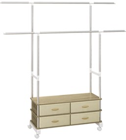HOMCOM Charriot de Roupa com Rodas Altura Ajustável Barras Extensíveis e 4 Gavetas de Tecido 88-148x42x93-160 cm Bege