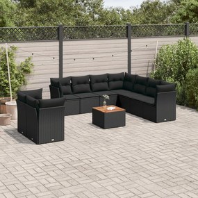 10 pcs conjunto sofás de jardim c/ almofadões vime PE preto