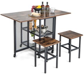 Conjunto de mesa de jantar dobrável de 3 peças com 2 bancos Rodas com fecho 2 Estantes de arrumação de cozinha em rede castanho + preto