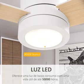 Ventoinha de Teto 48W com Luz LED Controle Remoto 3 Velocidades Temporizador 3 Lâminas de Madeira Ø112x25cm Branco