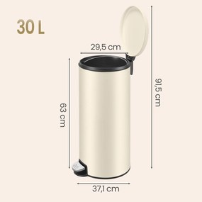 Caixote do lixo de cozinha 30 L, 29,5 x 37,1 x 63 cm com pedal e tampa com fecho suave, balde interior e 15 sacos de lixo, Bege