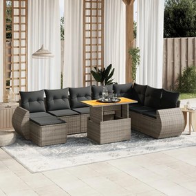 9 pcs conjunto sofás p/ jardim com almofadões vime PE cinzento