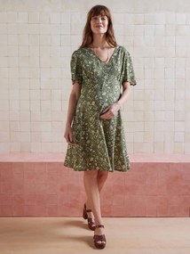 Vestido curto e fluido com estampado, para grávida azeitona
