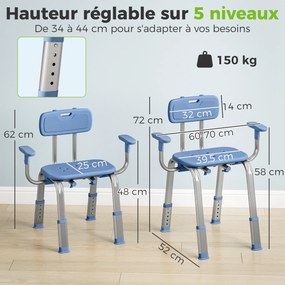 Banco de duche ergonómico com apoios de braços 60-70 (L) x 52 (P) x 62-72 (A) cm, encosto, altura e assento ajustáveis, azul