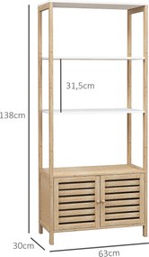 Armário de casa de banho de arrumação em bambu 63 x 30 x 138 cm, 3 prateleiras, madeira natural e branca