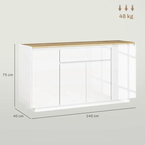 Aparador de Sala de Estar com 4 Portas Gaveta e Prateleiras Ajustáveis 140x40x75 cm Madeira e Branco Brilhante