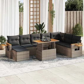 9 pcs conjunto sofás jardim almofadões vime PE/acácia cinzento