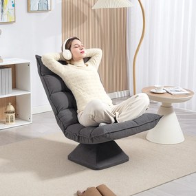 Poltrona relax estofada, com encosto reclinável e ajustável, giratória a 360°, revestimento em linho cinzento mesclado