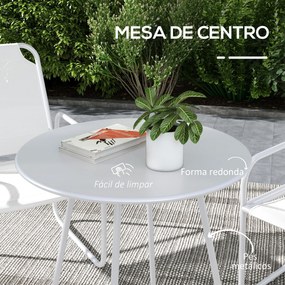 Conjunto de Móveis de Jardim com 1 Mesa Redonda e 2 Cadeiras Estrutura de Aço e Apoio para os Braços Branco