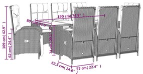 9 pcs conjunto de jantar p/ jardim c/ almofadões vime PE cinza