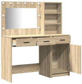 Conjunto de Mesa de Maquilhagem de 2 Peças com LED em Madeira de Carva