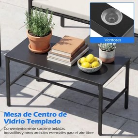 Conjunto de jardim de 4 peças em rattan para exterior: cadeiras, sofá, mesa de centro em vidro temperado e almofadas macias; ideal para jardim, alpend