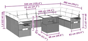 11 pcs conjunto sofás de jardim c/ almofadões vime PE bege