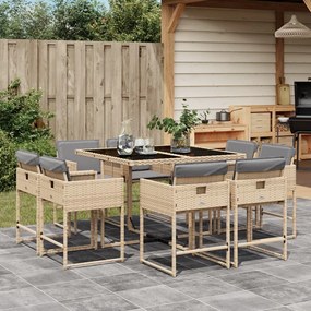 vidaXL 9 pcs conj. jantar jardim c/ almofadões vime PE bege misturado