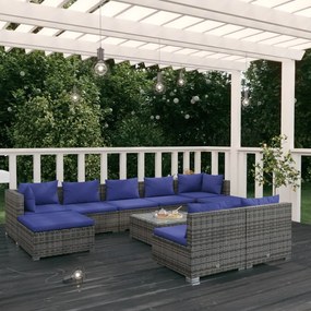 vidaXL 10 pcs conjunto lounge de jardim c/ almofadões vime PE cinzento