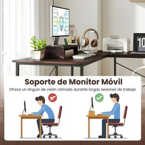 Secretária em forma de L 150 cm reversível com suporte para monitor removível e gestão de cabos para escritório em casa Castanho