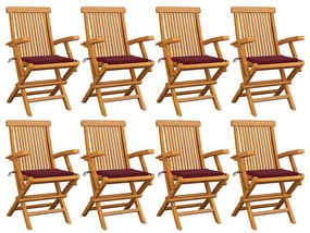 Cadeiras jardim c/ almofadões vermelho tinto 8 pcs teca maciça