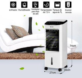 Refrigerador de ar Portátil Ventilador Humidificador Filtro 4 em 1 com Controlo Remoto Rodas para Casa Escritório  30 x 27 x 74 cm Branco