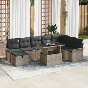 Conjunto de Sofá de Jardim de 9 Peças com Almofadas Cinza de Rattan Po