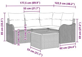 Conjunto de Sofá de Jardim 5 Peças com Almofadas em Bege, Rattan e Acá
