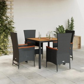 vidaXL 5 pcs conjunto de jantar p/ jardim c/ almofadões vime PE preto