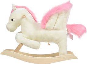 Cavalo de baloiço com função musical, sela de grande conforto, pelúcia curta e macia para crianças dos 18 aos 36 meses, em madeira de álamo, branco e