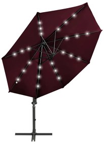 Guarda-sol jardim cantilever c/ poste e luzes LED 300 cm bordô