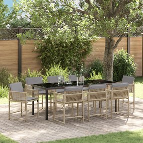 vidaXL Conjunto de Jantar de Jardim de 9 Peças com Almofadas Bege Rattan PE