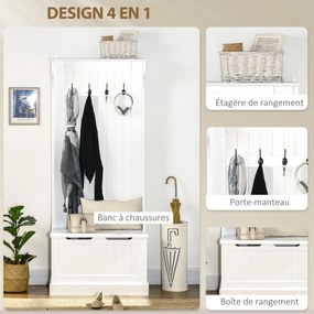 Móvel de entrada 4 em 1,  com banco com espaço de arrumação e 4 ganchos duplos, 71,5 x 39,5 x 170 cm, branco