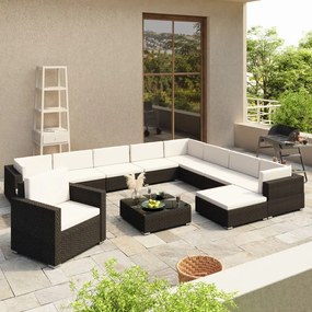 vidaXL 12 pcs conjunto lounge de jardim c/ almofadões vime PE preto