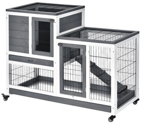 Coelheira de Madeira Interior com Rodas Gaiola para Coelhos Animais Pequenos de 2 Pisos com Zona Aberta Rampa e 2 Bandejas Removíveis 110x50x86cm Cinz