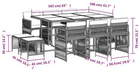 11 pcs conjunto de jantar p/ jardim com almofadões vime PE bege