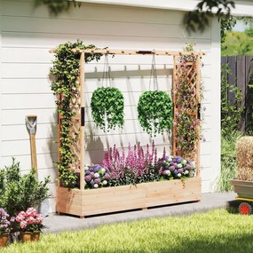 Floreira elevada 196 x 44 x 182 cm em madeira de abeto com treliça, 2 painéis, teto plano, 2 vasos e sistema de drenagem, para jardim, terraço ou páti