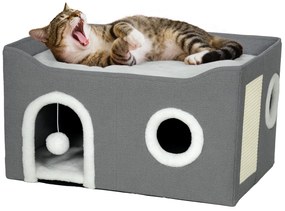 Casa para Gatos Dobrável com Arranhador 3 Entradas Bola Pendurada Almofada Reversível em Pelúcia e Tipo Linho 60x40x34 cm Cinza